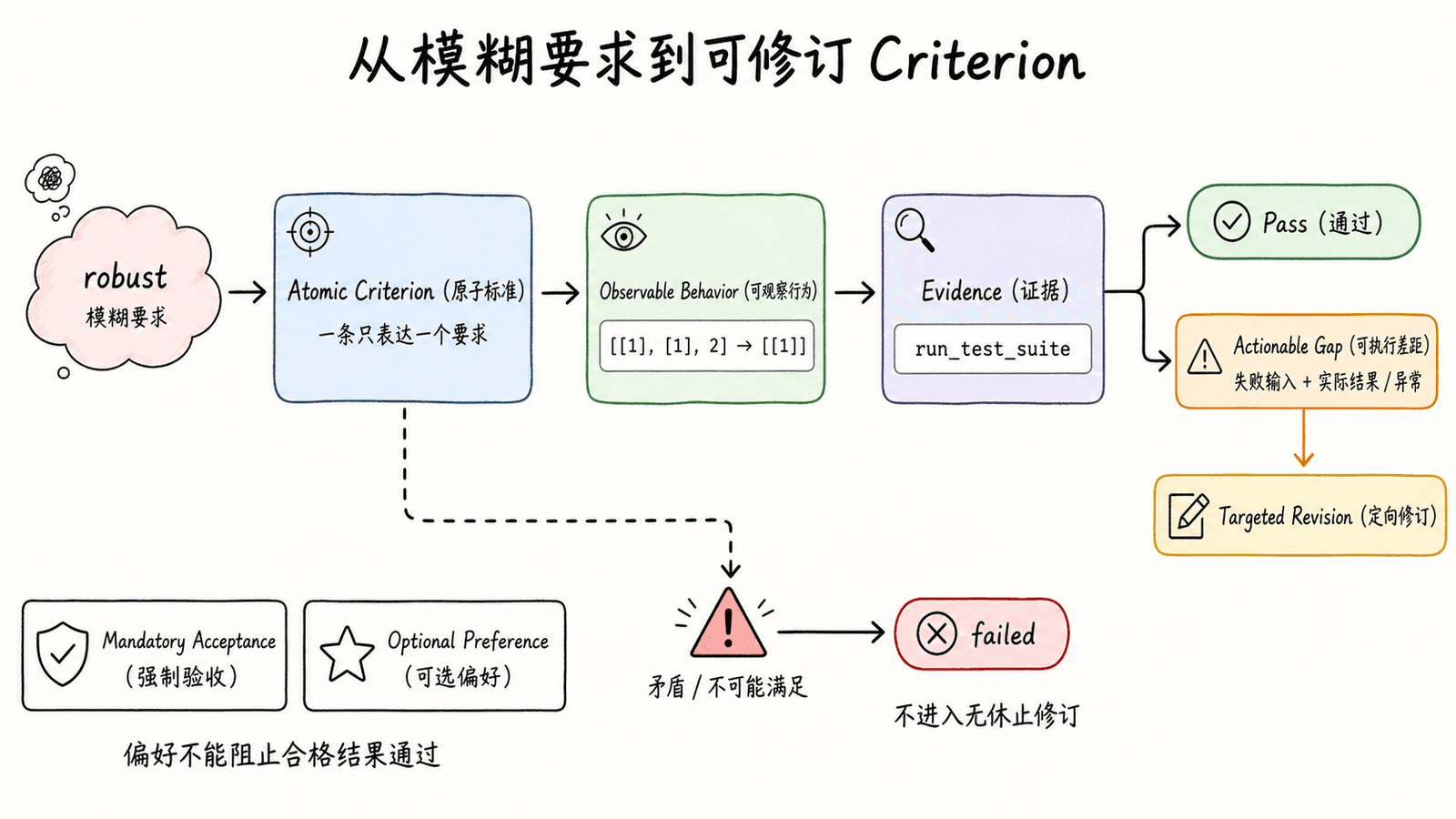 评分量规设计流程：把模糊要求拆成原子且可观察的行为标准，绑定 run_test_suite 证据，再根据通过结果或包含失败输入与实际结果的差距说明进行定向修订